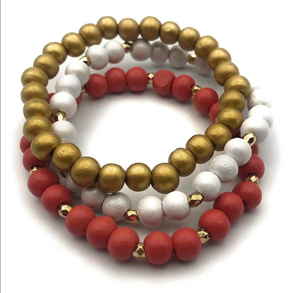 Set of 3 Wooden Beaded Stretch Bracelets with Golden Accents